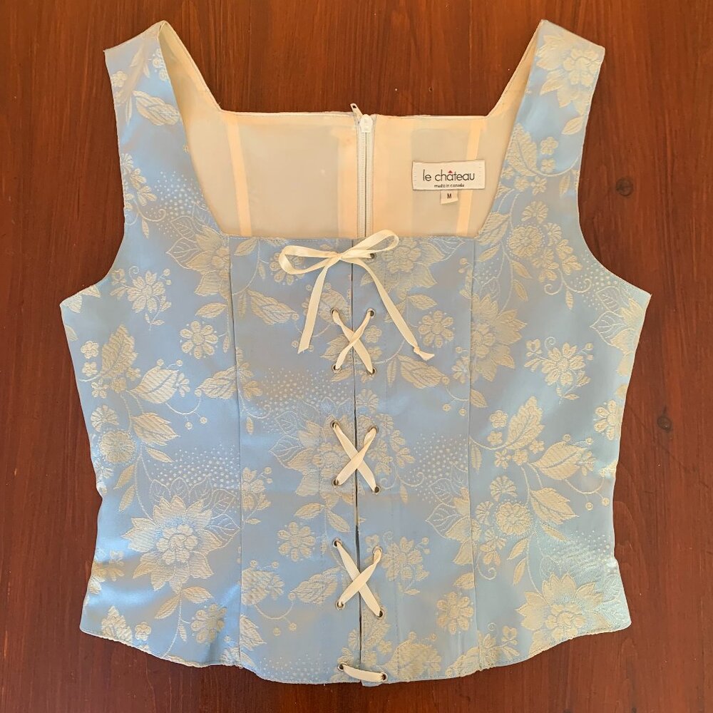 Rare 90s Vintage Le Château Victorian Satin Jacquard Blue Cream Corset Top